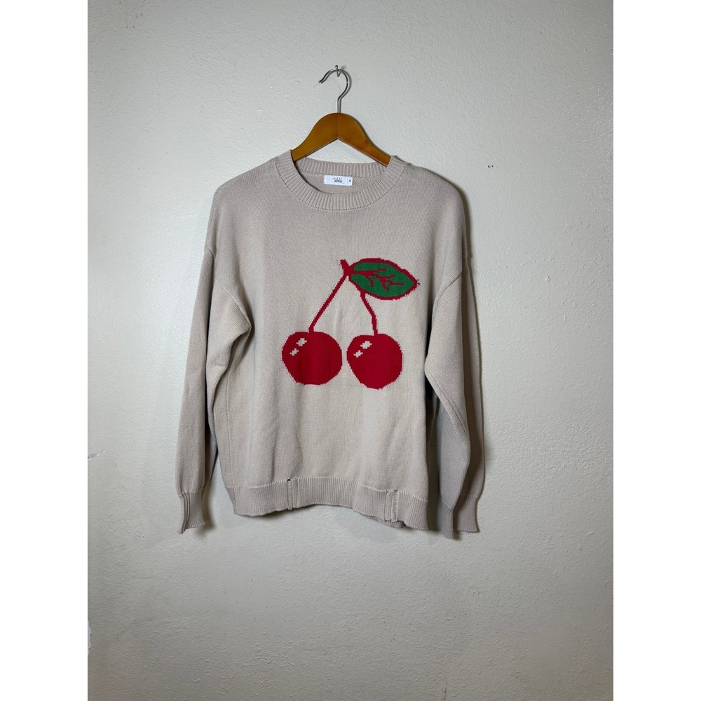 Talulah Women Cherry Graphic Sweater Medium Beige Cotton Oversized Coquette - Picture 2 of 11